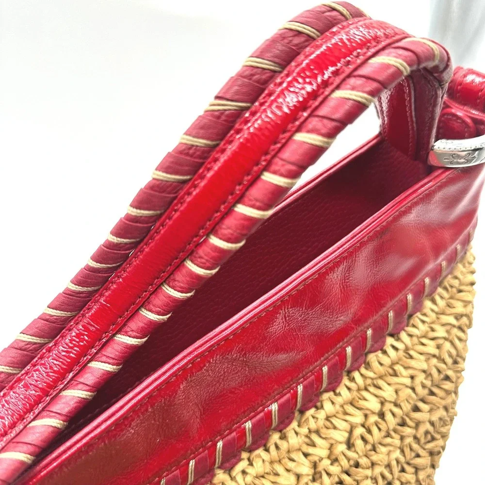 Vintage Brighton Straw Tote Bag Red Patent Leather Trim Woven Shoulder Bag Heart